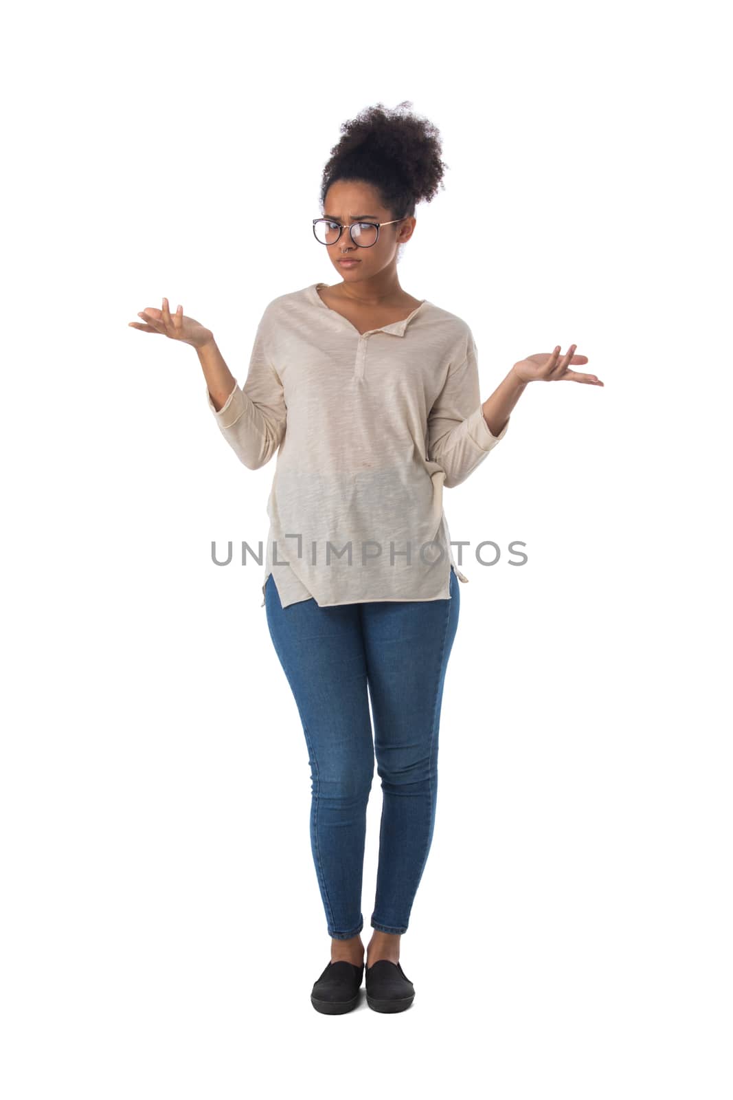 Full length portrait of african american mixed race woman confused clueless fruastrated isolated on white background, casual people