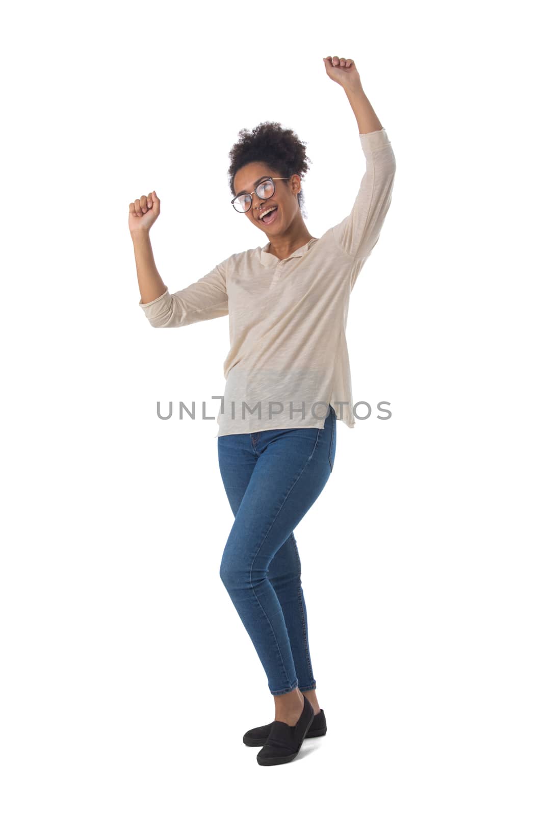 Full length portrait of african american mixed race woman keeping her arms raised isolated on white background, casual people