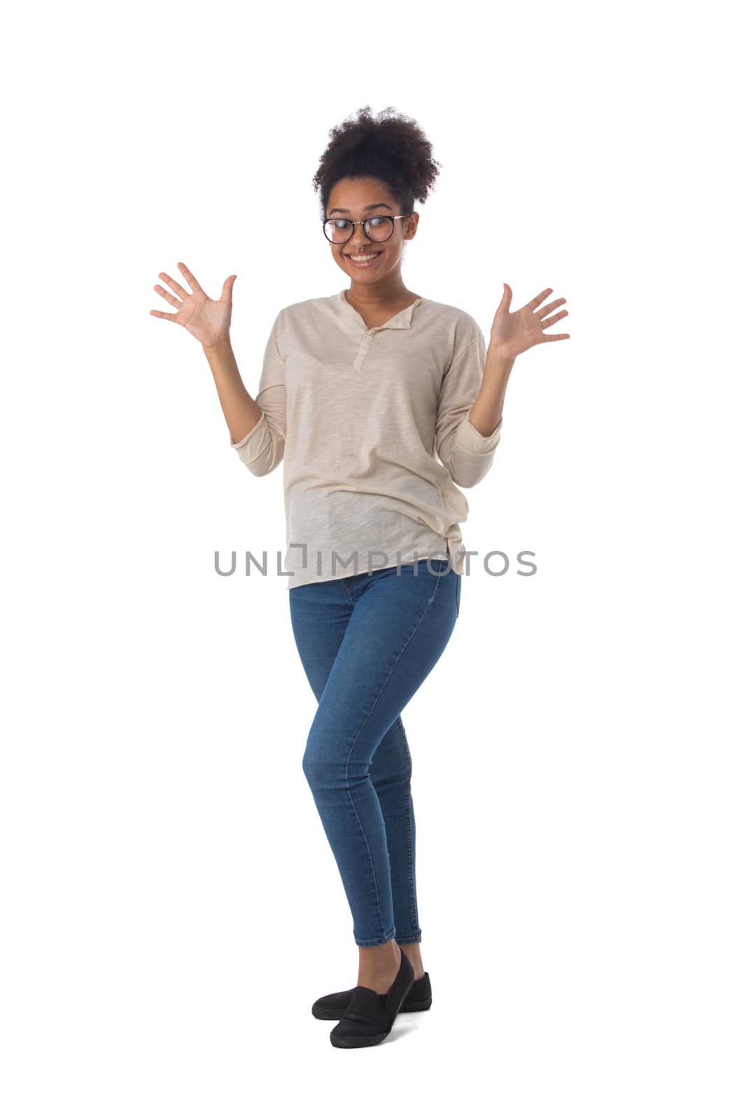 Full length portrait of african american mixed race woman cheering smiling with palms open isolated on white background, casual people