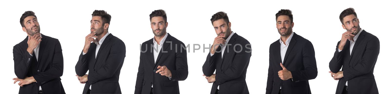 Set of young business man portraits doing different gestures studio isolated on white background
