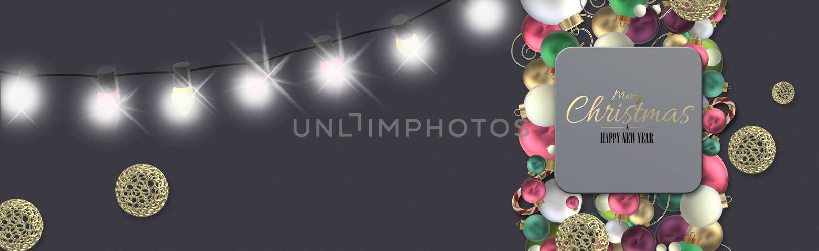 Horizontal Christmas background with beautiful Xmas ornament, Xmas realistic balls baubles, string of shiny lights over black. Text Merry Christmas Happy New Year. 3D render. Copy space, mock up