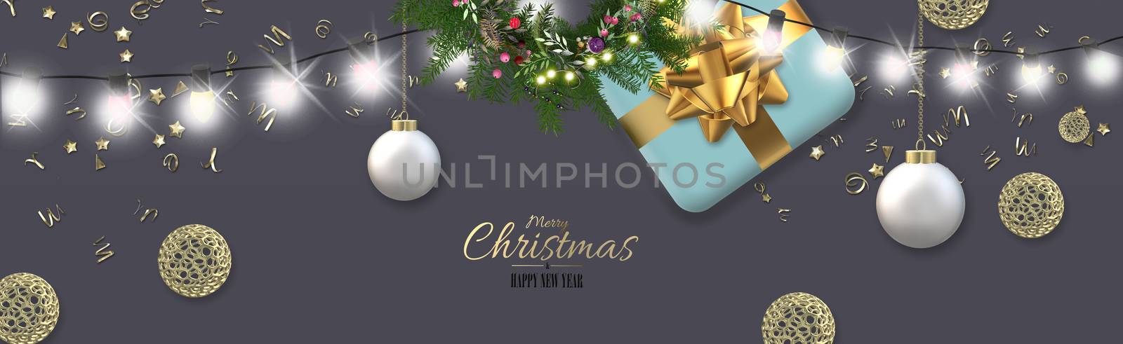 Christmas holiday ornament with Xmas gift box, 3D Xmas balls, gold ornament on pastel dark black background. 3D render. Festive horizontal banner for card, invitation, banner. Place for text.