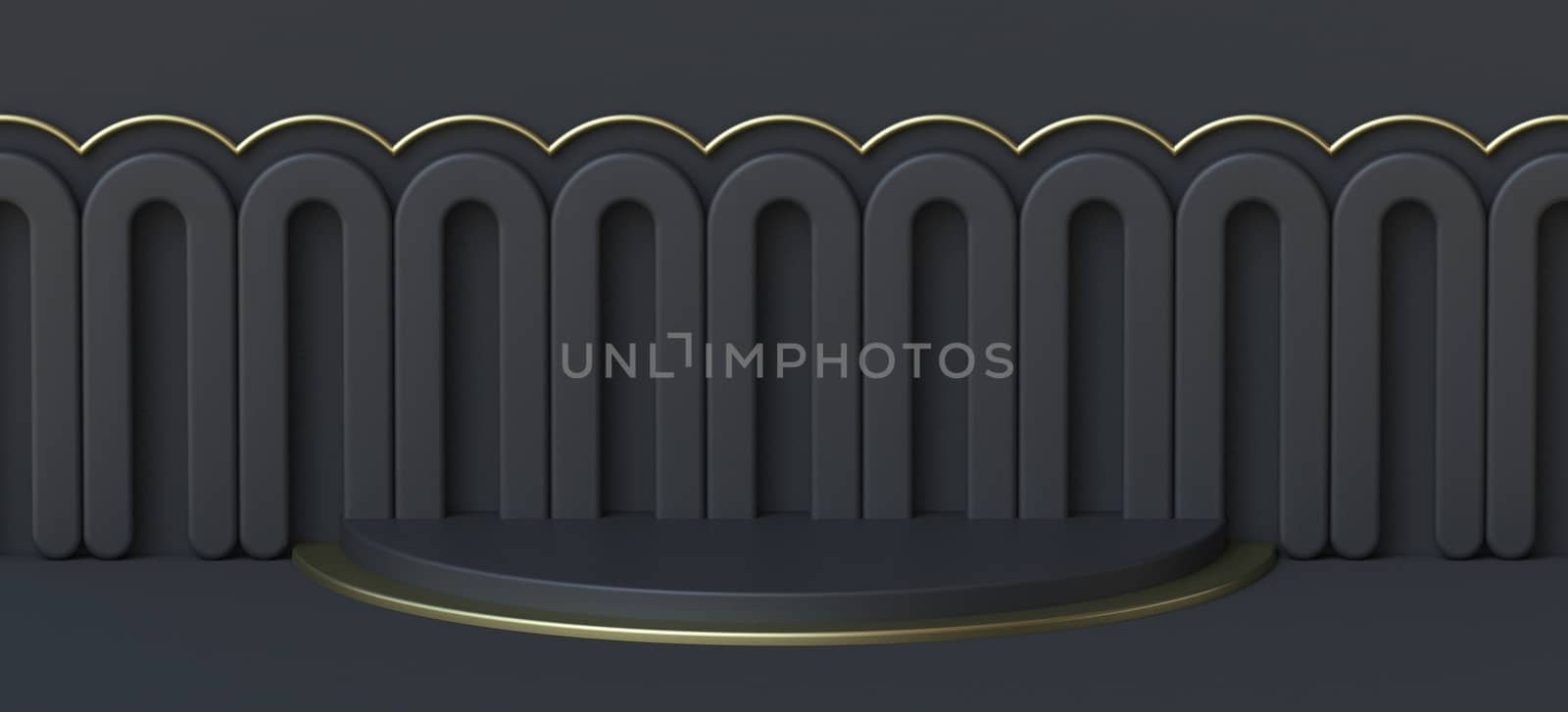 Abstract background stage for product presentation with colonnade 3D render illustration on black background