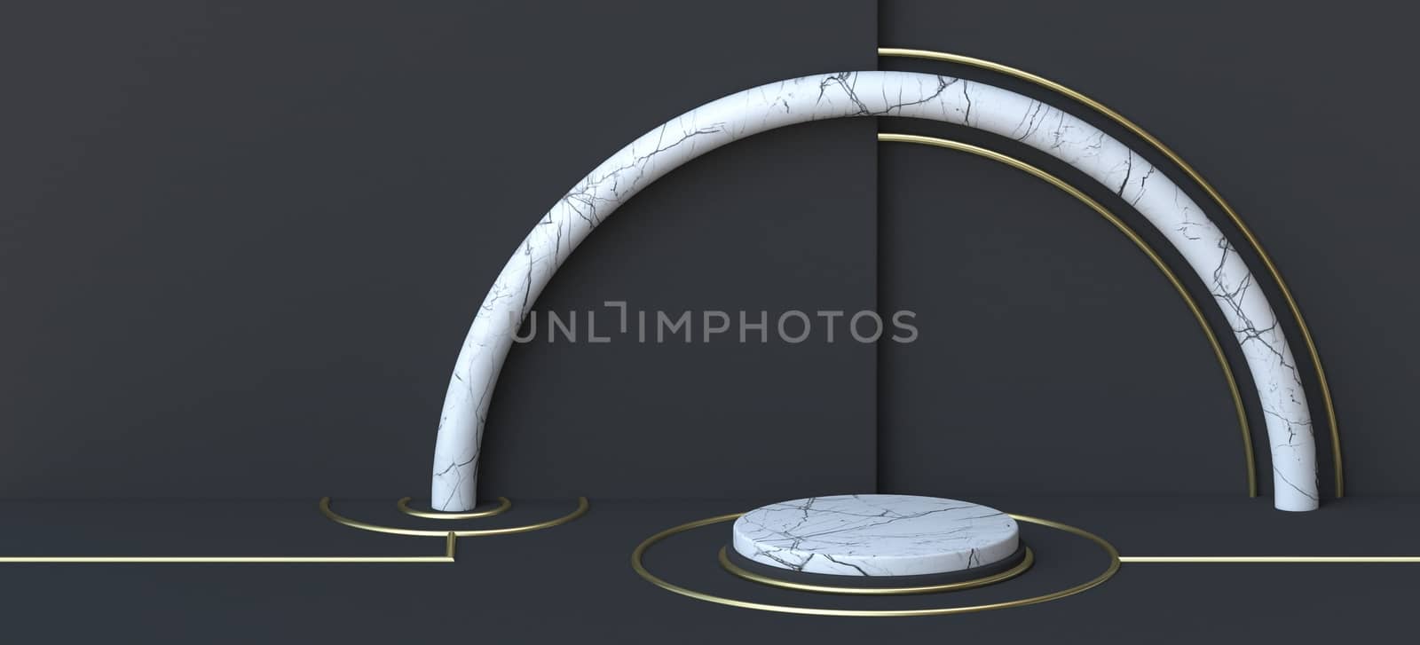 Abstract background white marble stage with arc and golden wire details 3D render illustration on black background