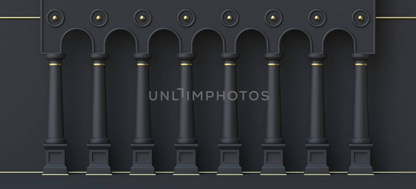Abstract background columns with golden details 3D render illustration on black background