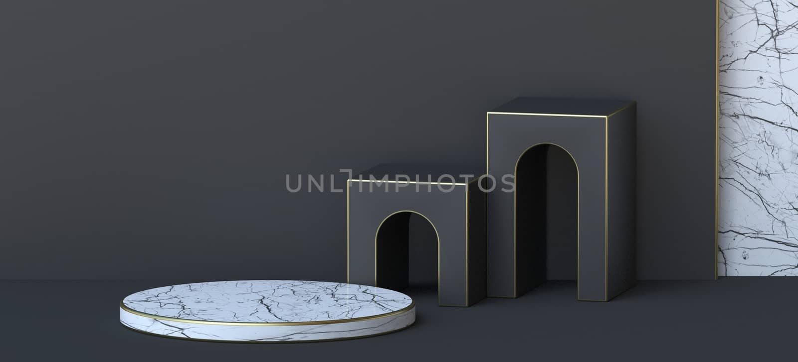 Abstract background white marble podium with two doors 3D render illustration on black background