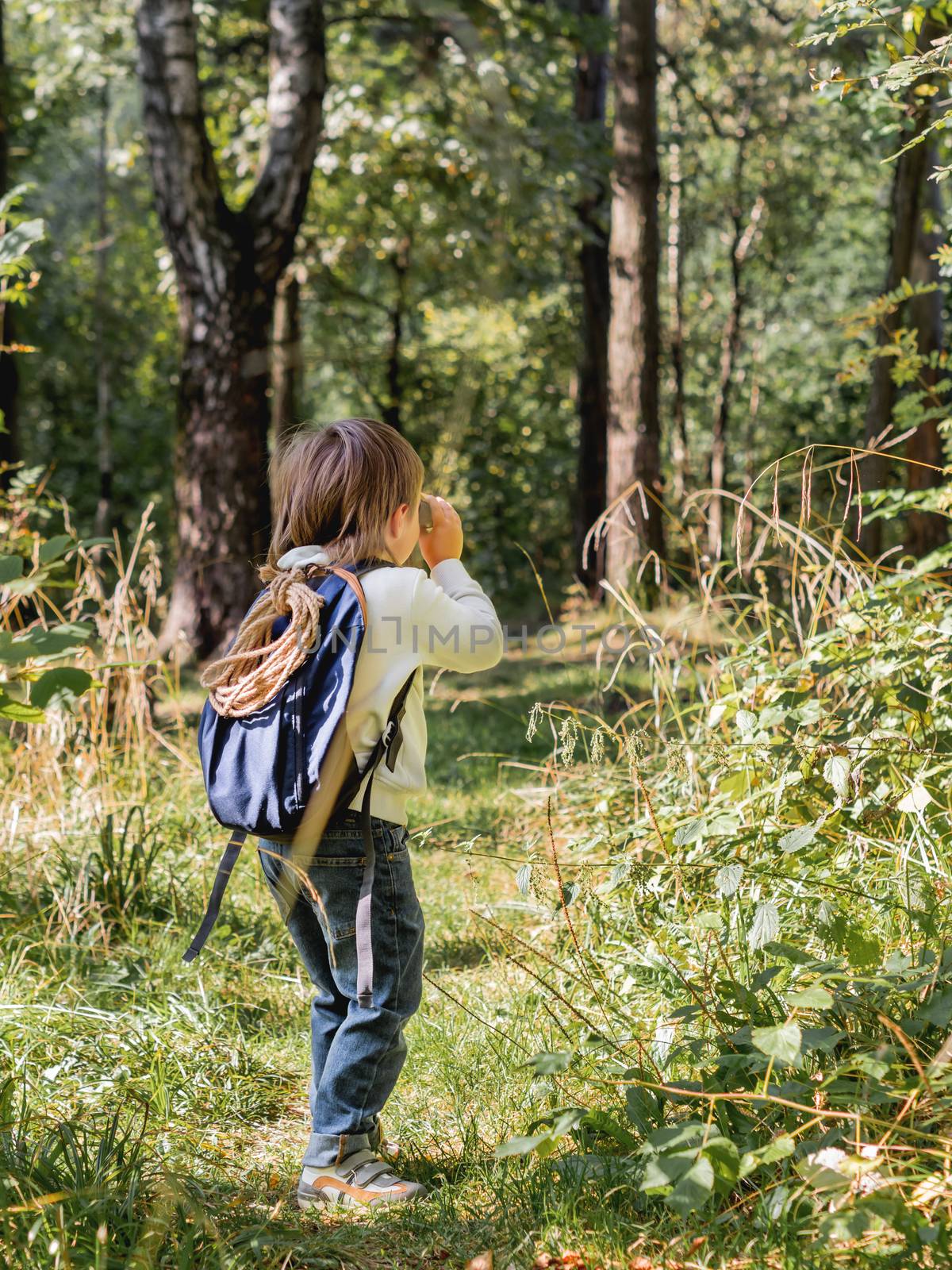 Curious boy is hiking in forest. Outdoor leisure activity for ki by aksenovko