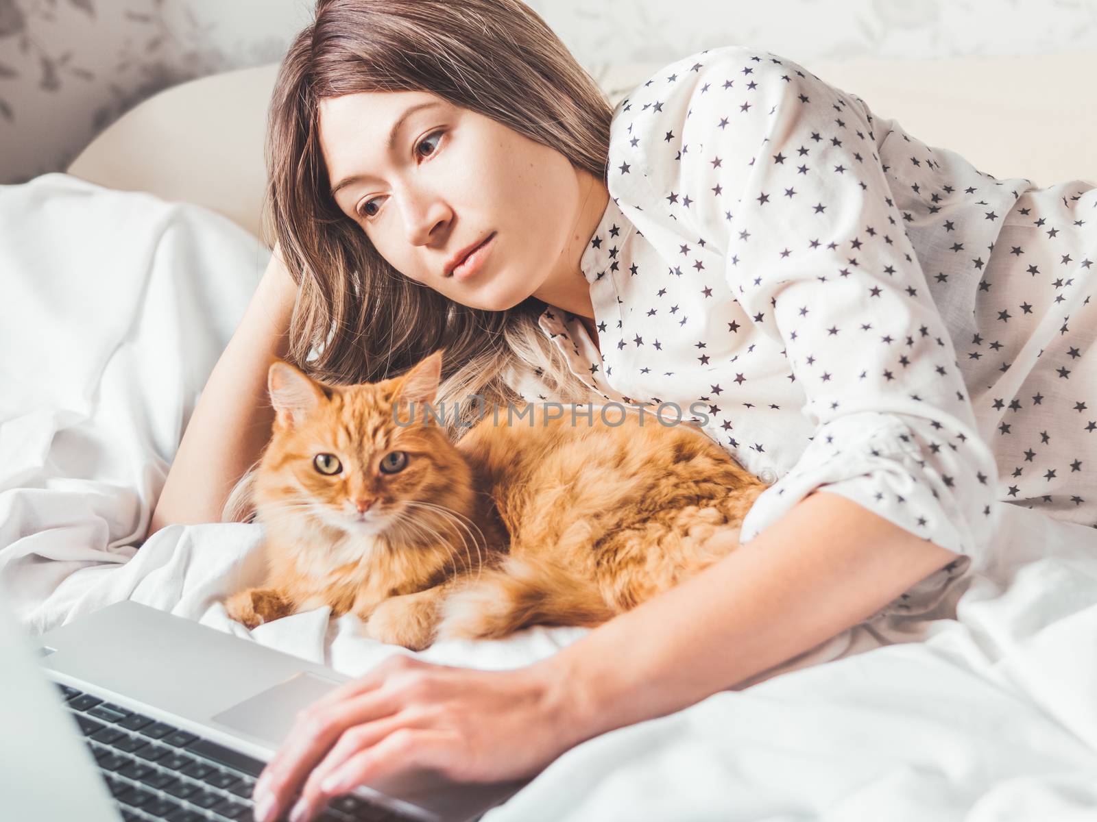 Cute ginger cat and woman are lying in bed. Woman watching online video translation or new TV series. Online communication. Morning bedtime with fluffy pet.