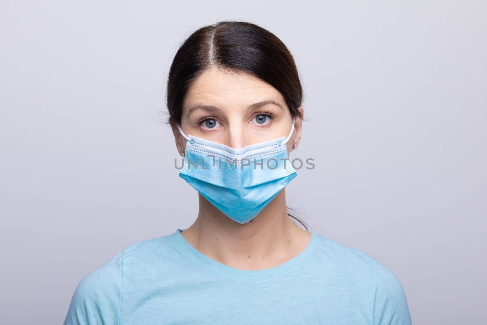 Worried nurse, doctor or scientist portrait behind face mask and protective facemask stock photo