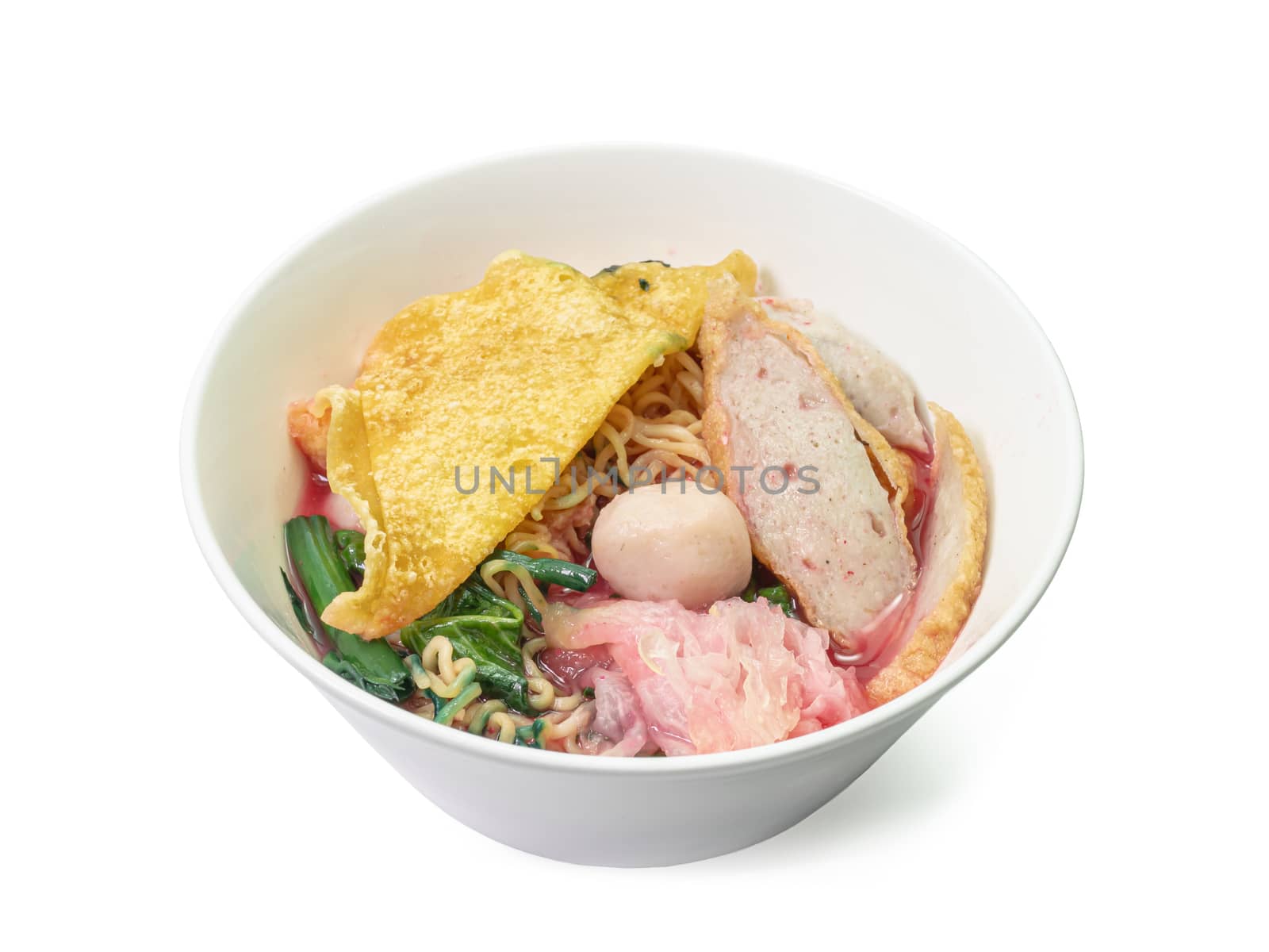 The close up of Thai Yen Ta Fo pink noodle soup lunch food on white background, Traditional sweet and sour noodle soup from Thailand.