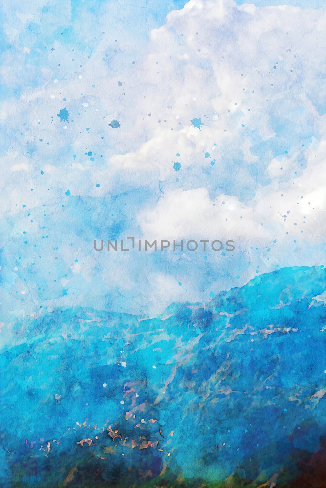Mountains with sky and clouds background in blue shades, vertical image, winter season of nature illustration, digital watercolor painting