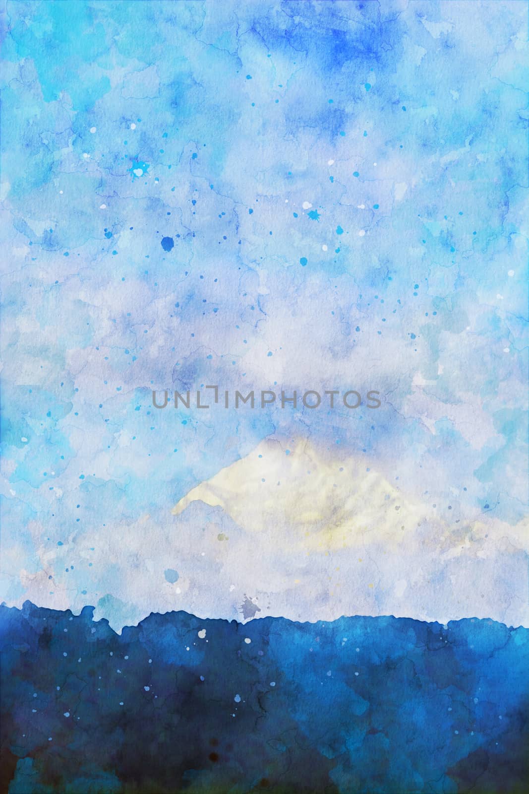 Mountain peak in blue shades with sky background, vertical image, winter season of nature illustration, digital watercolor painting