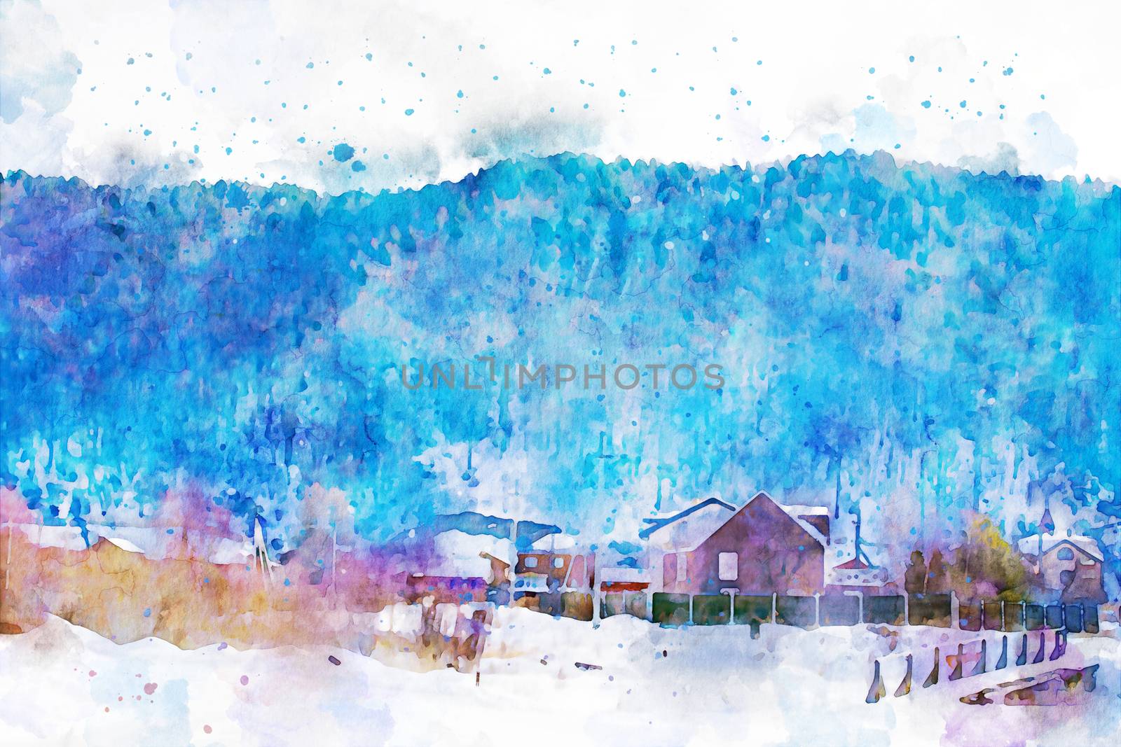Village in rural area with snow on ground and mountain background, winter season illustration, digital watercolor painting