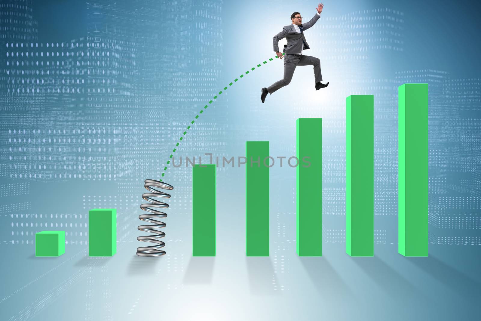 Business people jumping over bar charts