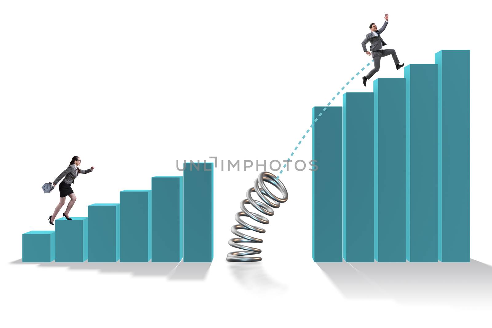 Business people jumping over bar charts