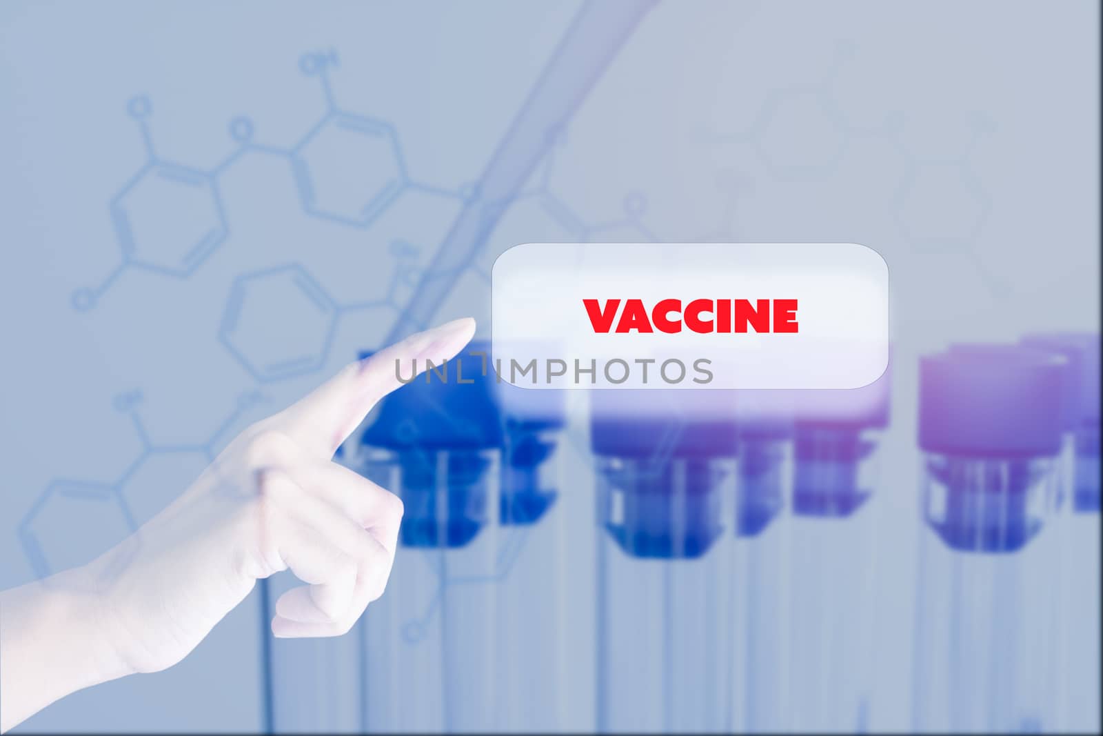 Laboratory research concept. Finger touch red vaccine on white bottom with double exposure Scientist dropping chemical liquid into test tube with molecular chemical background.