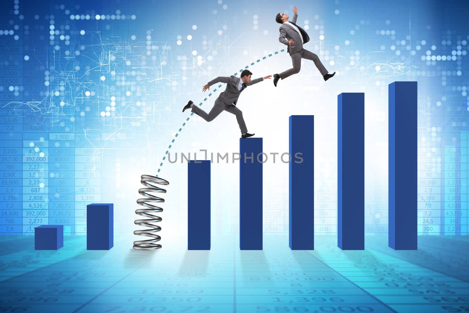 Business people jumping over bar charts