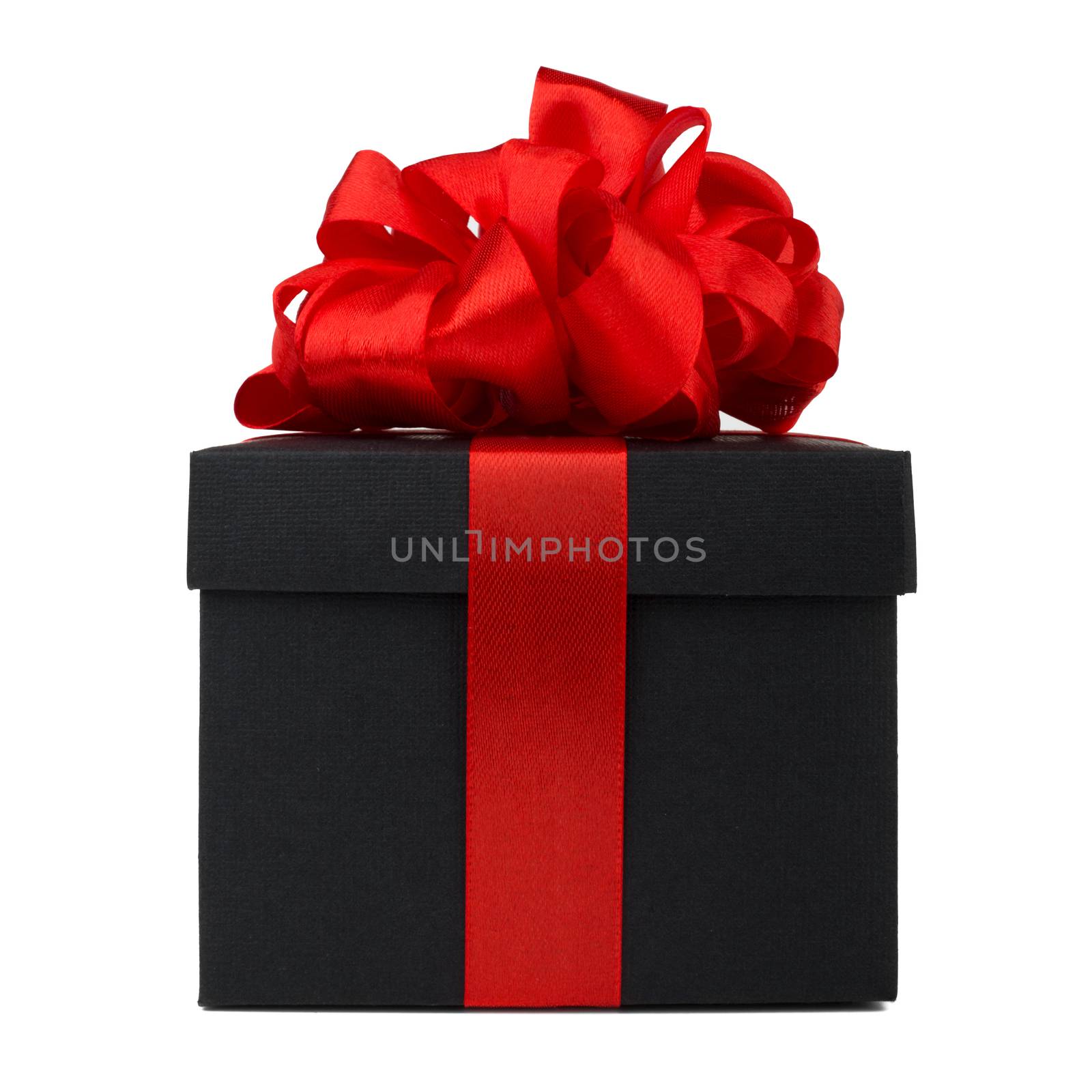 Black friday gift, paper box with red silk big round ribbon bow isolated on white background