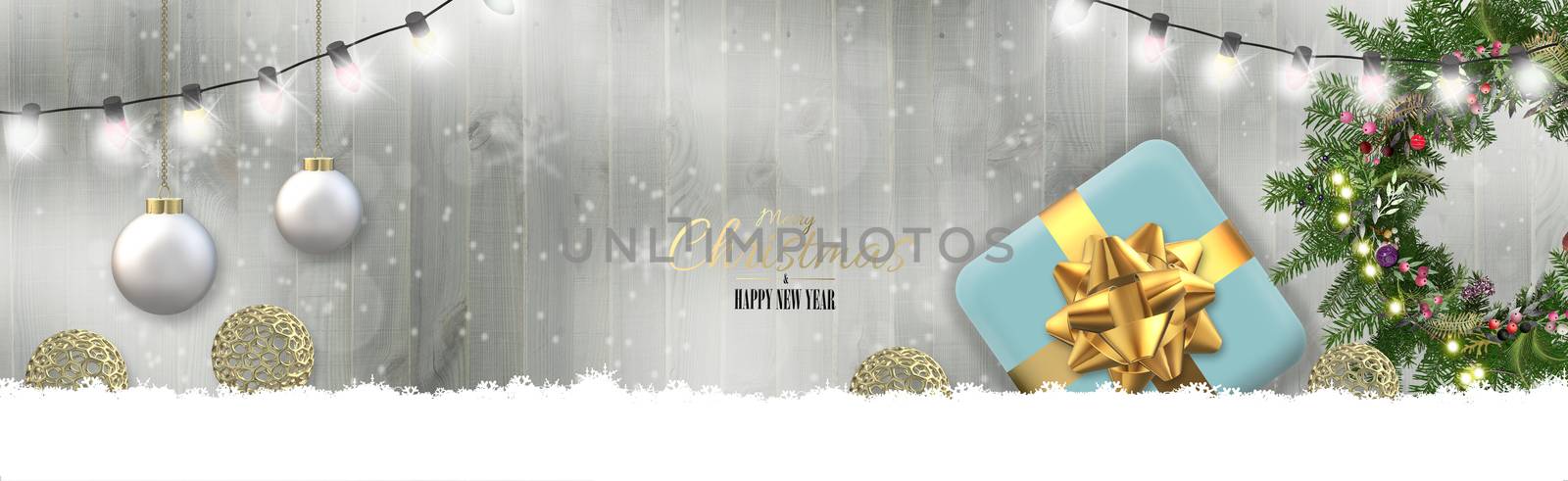 Christmas banner on wood with Xmas realistic gift box, snow, Xmas wreath, gold ornament on wooden background. Horizontal 3D render. Party invitation, place for text. Beautiful rustic festive design