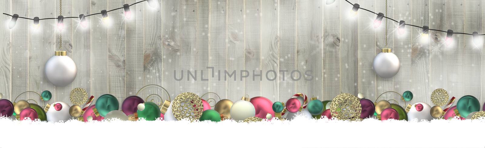 Luxury Christmas New Year party invitation over wood. Xmas 3D realistic balls, snow, light on rustic wood with snowflakes. 3D illustration. Xmas holiday horizontal banner, Copy space, place for text