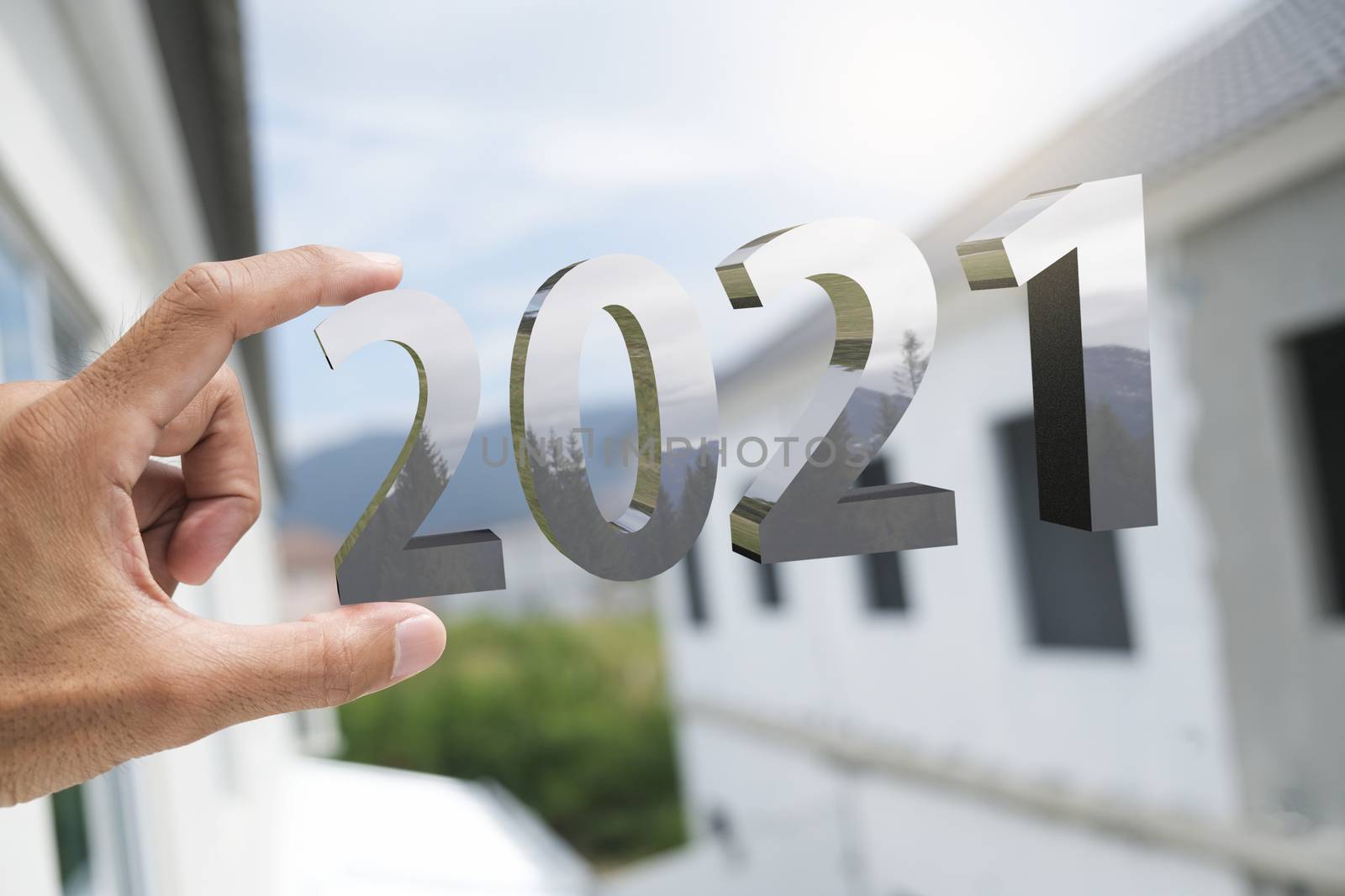 People man hand holding numbers 2021 Metaphor In the new year 2021 festival With open window To get To success In the business world Count down change 2020 to 2021 year