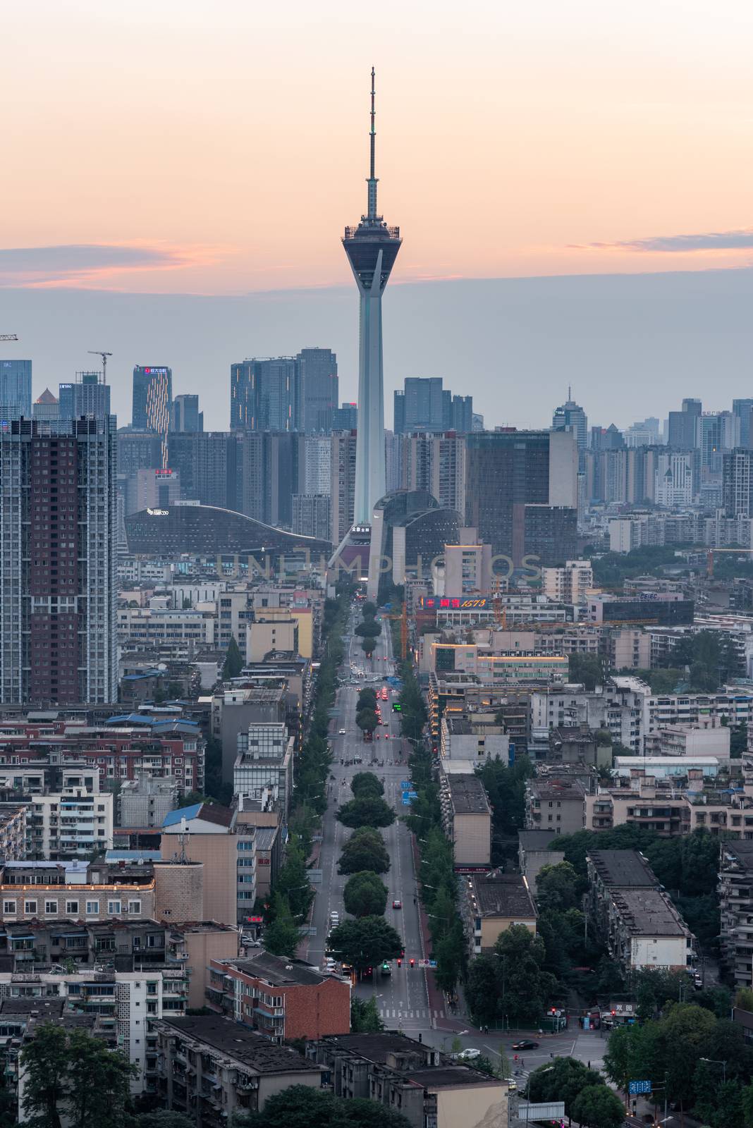 Chengdu 339 TV tower and city skyline aerial view in late afternoon by LP2Studio