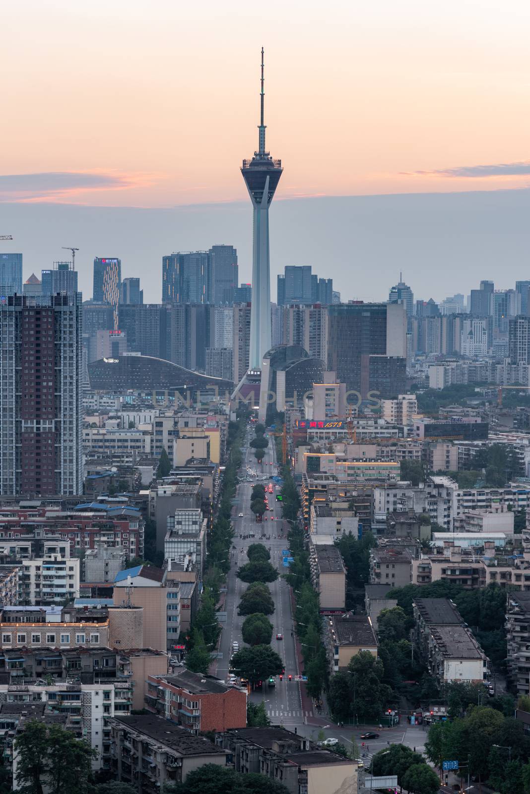 Chengdu, Sichuan province, China - June 18, 2020 : 339 TV tower and city skyline aerial view in late afternoon