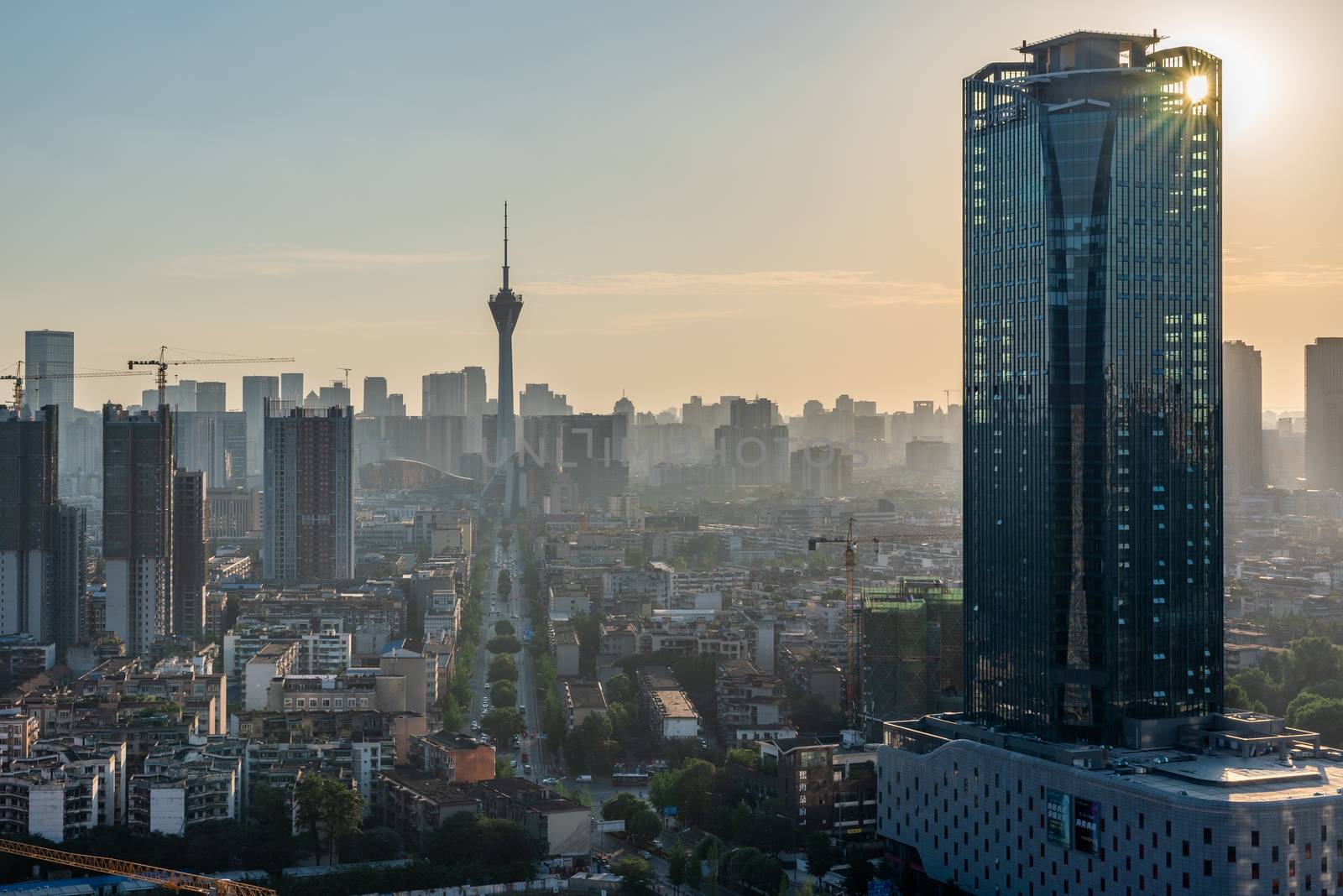 Chengdu 339 TV tower and city skyline aerial view in late afternoon by LP2Studio