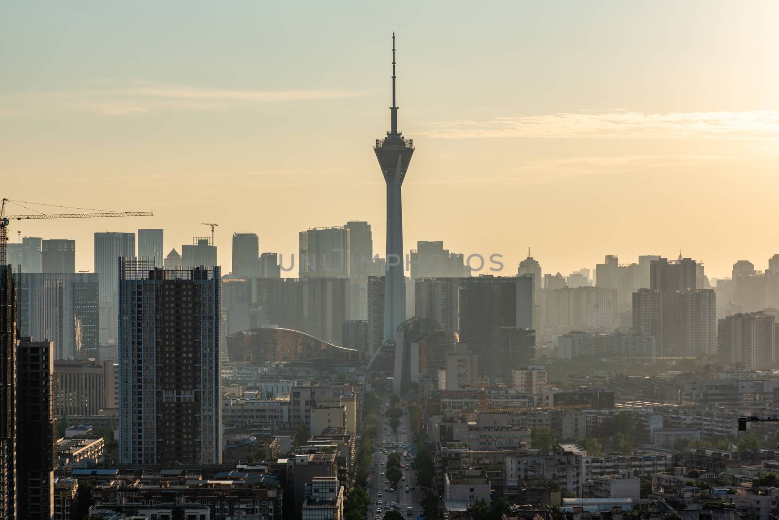 Chengdu, Sichuan province, China - June 18, 2020 : 339 TV tower and city skyline aerial view in late afternoon