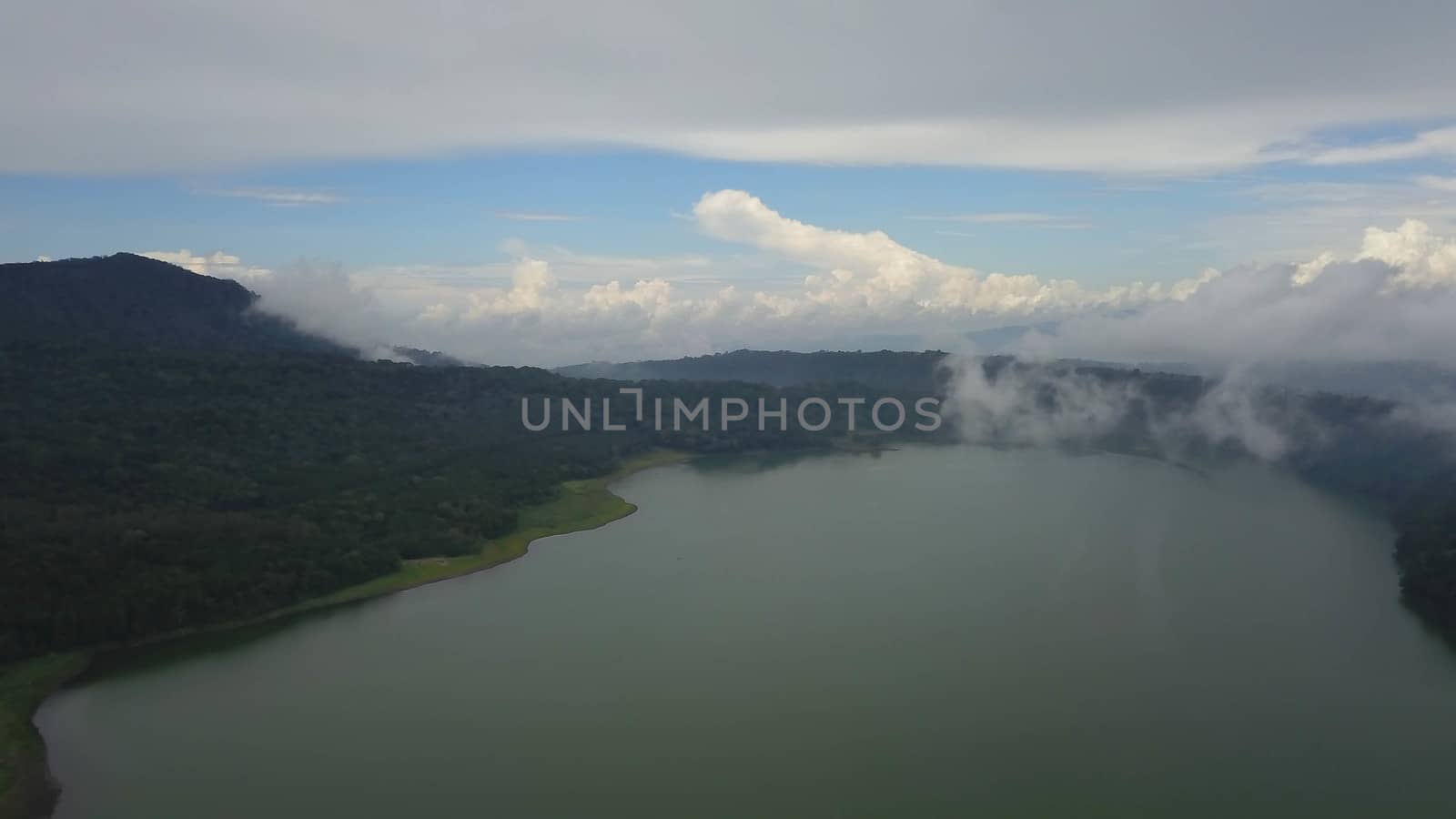 Aerial view of a beautiful lake inside an old volcanic caldera. Lake Buyan, Twin Lakes, Bali, Indonesia.