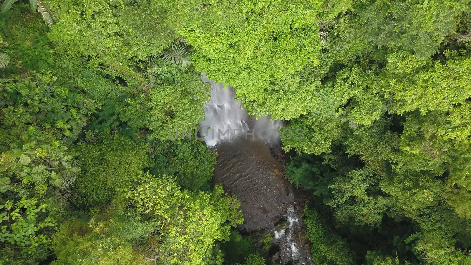 Aerial drone view of Labuhan Kebo Waterfall located in Munduk, Bali.