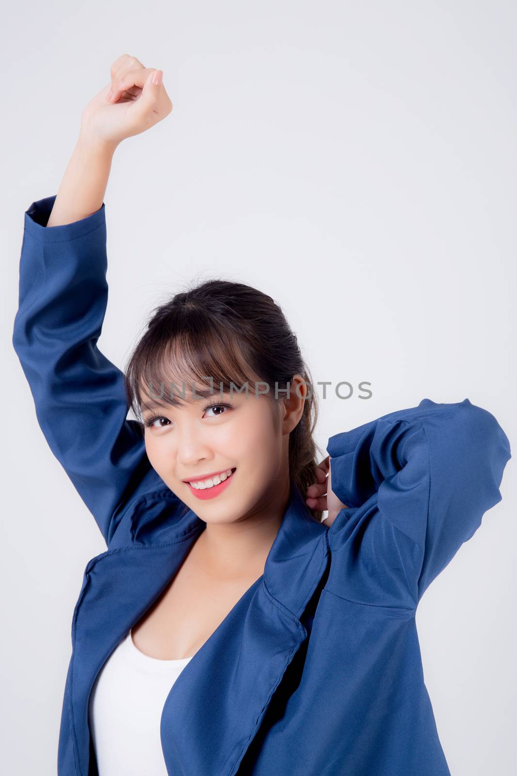 beautiful portrait young business asian woman standing with confident and joy isolated on white background, asia businesswoman career secretary or accountant work success with cheerful and happy.