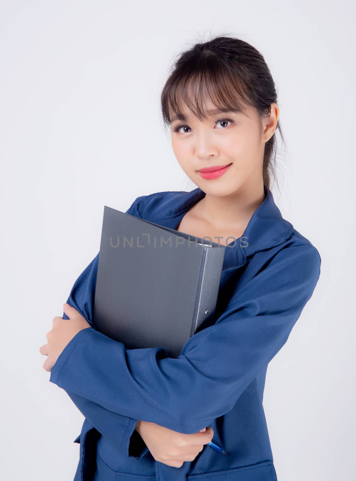 beautiful portrait young business asian woman cheerful standing holding folder isolated on white background, asia businesswoman confident secretary work holding document file with success.