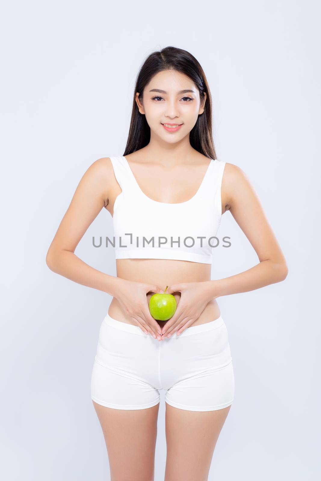 Beautiful body woman sexy diet slim holding green apple with cellulite for wellness, girl with fitness for weight loss and healthy isolated on white background, healthcare concept.