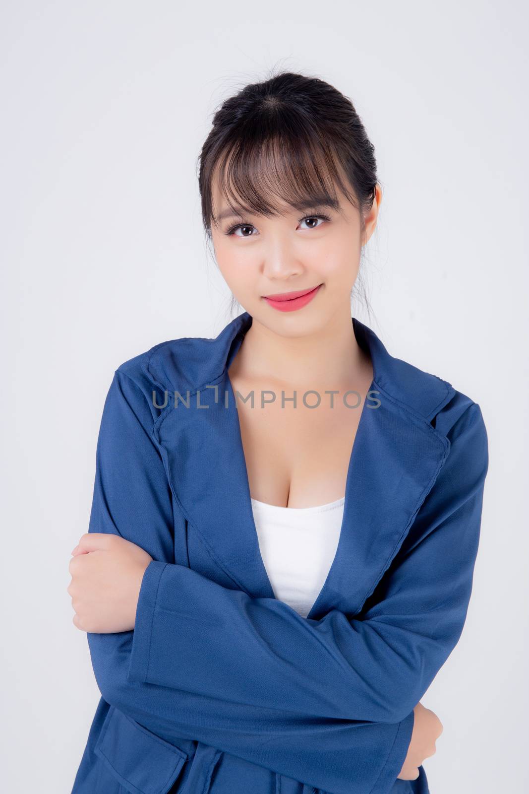 beautiful portrait young business asian woman hand cross with confident isolated on white background, asia businesswoman career secretary or accountant work success with smiling and happy.