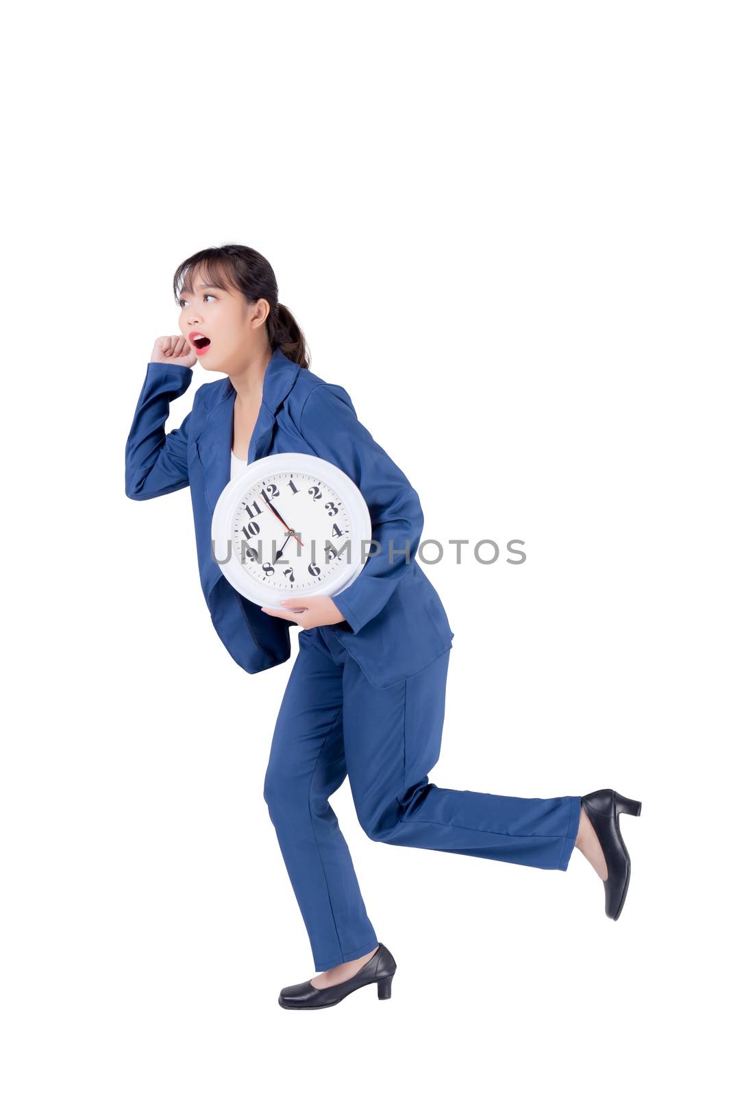 Beautiful portrait young business asian woman holding clock and shock isolated on white background, businesswoman schedule and hurry and surprise of work, girl showing watch, management time concept.
