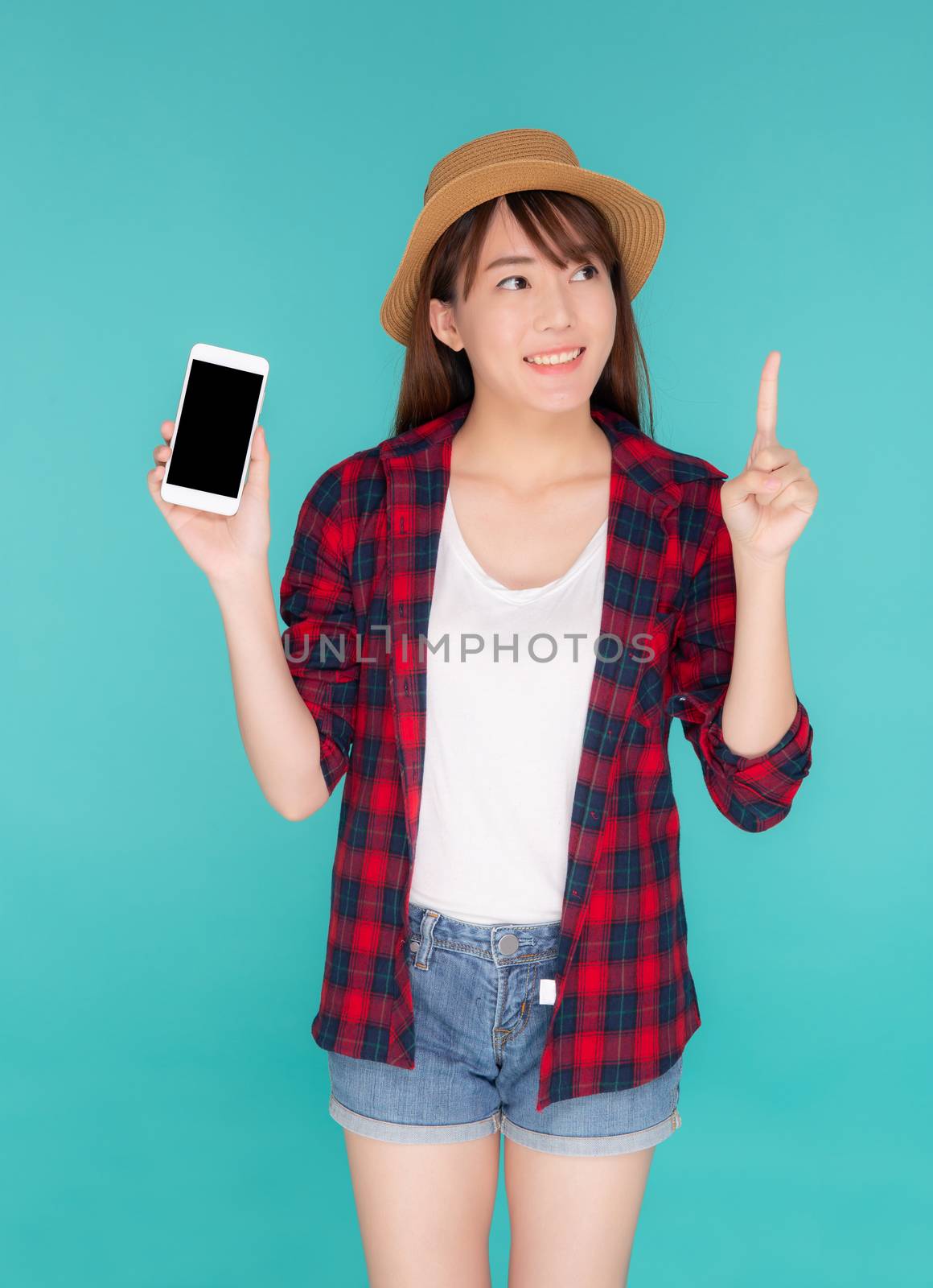 Beautiful young asian woman showing smart mobile phone for prese by nnudoo
