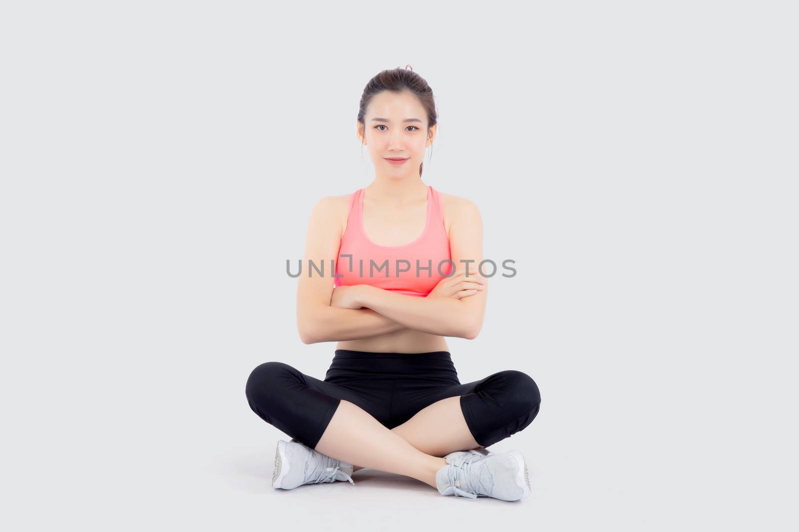 Beautiful portrait young asian woman sitting yoga, asia girl health care with workout fitness relaxing with active exercise isolated on white background, healthy and wellbeing concept.