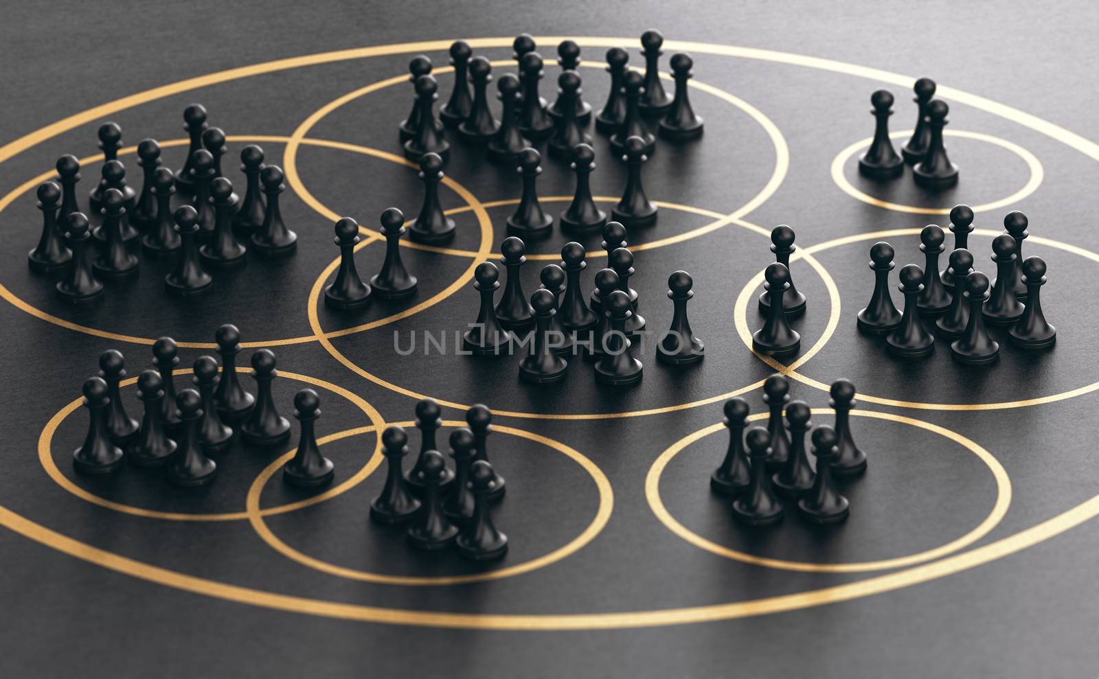 3D illustration of many pawns grouped together into golden circles over black background. Market segmentation concept.