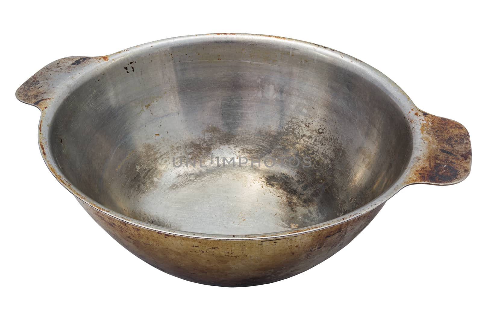 Old dirty stainless steel bowl isolated on white background
