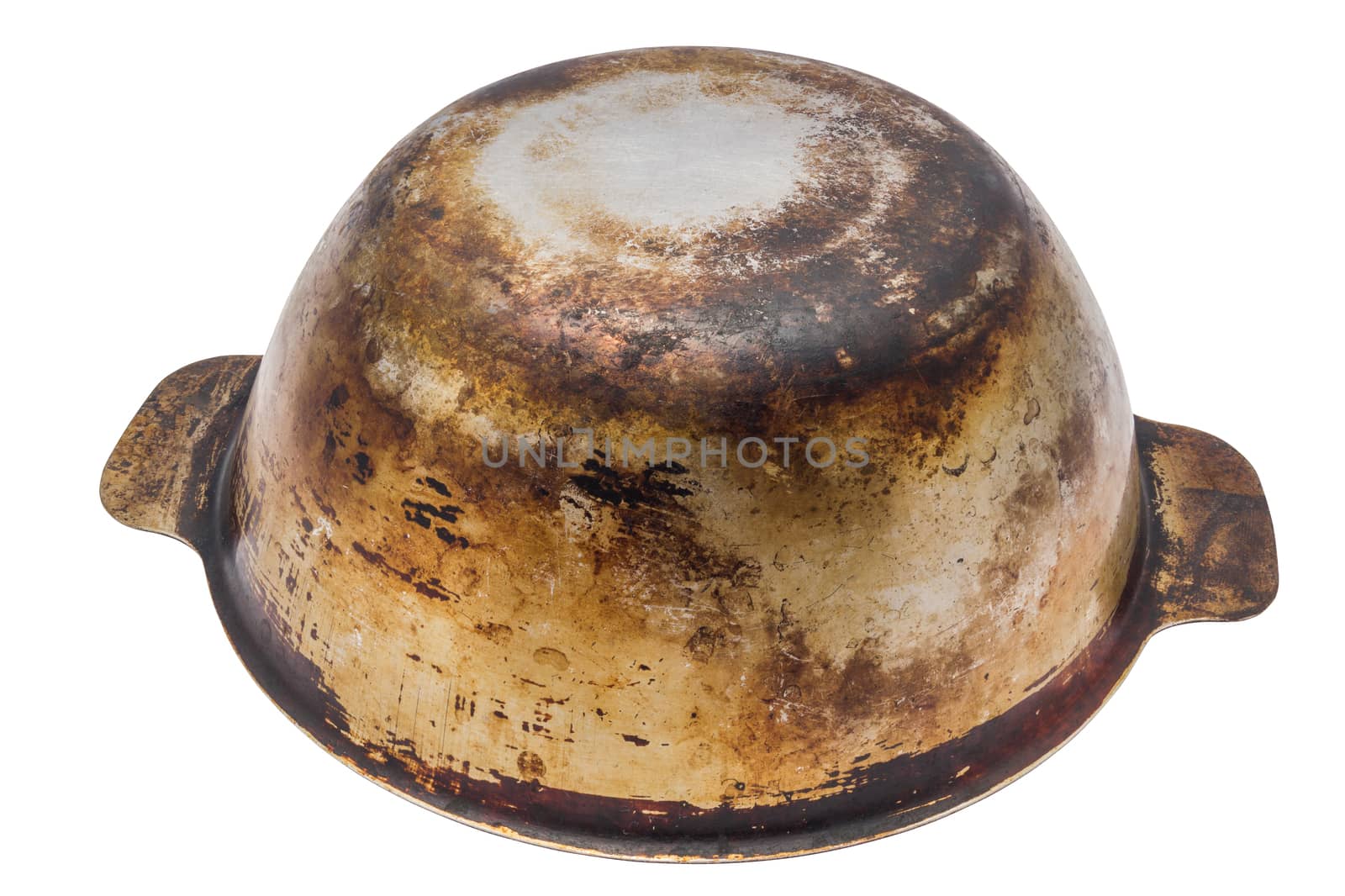 Old dirty stainless steel bowl isolated on white background