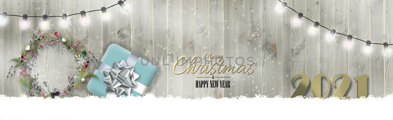 Holiday New Year 2021 banner on wood with realistic Xmas gift box, Xmas wreath, snowflakes over wooden background. New Year 2021 greeting, invitation, header. 3D render. Place for text