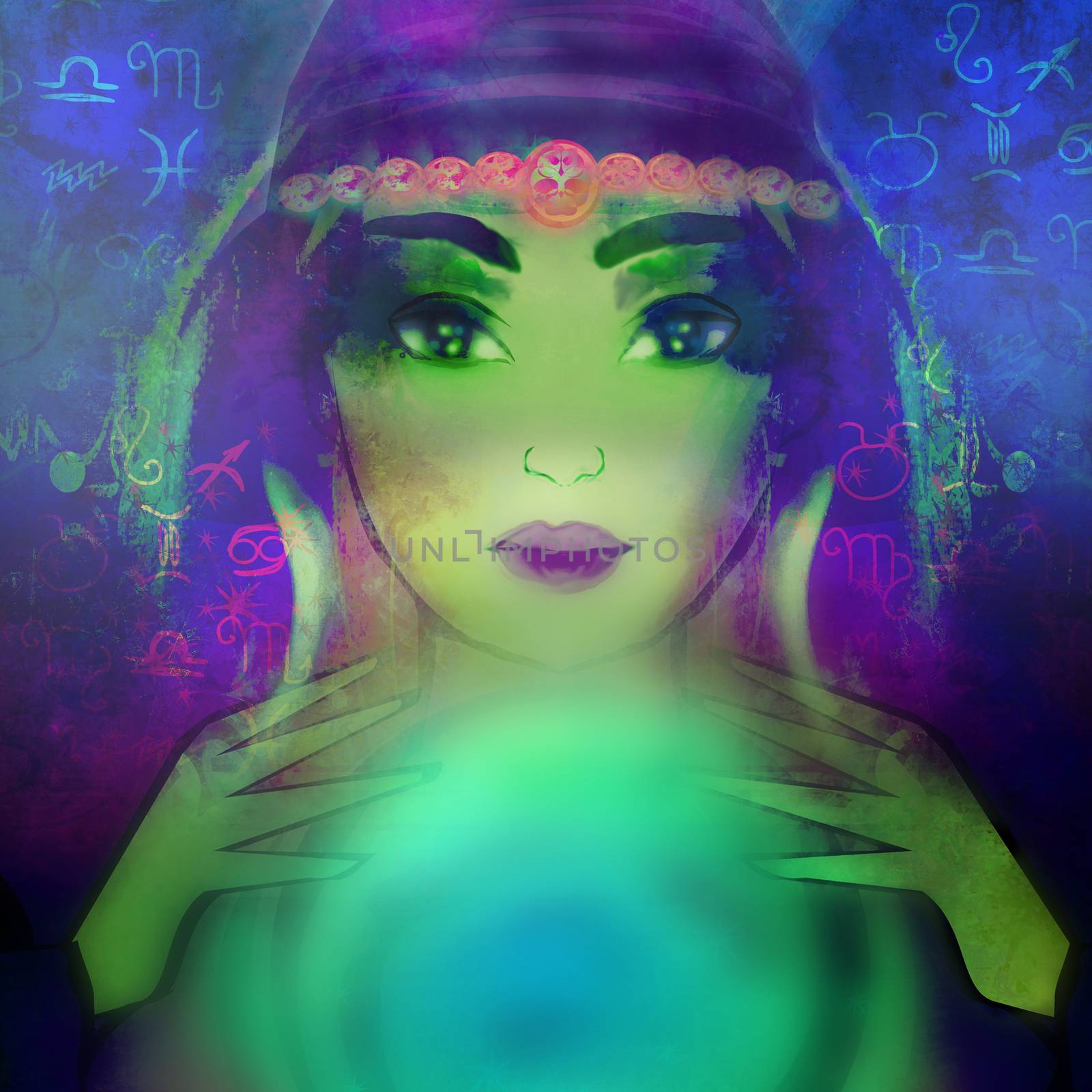 Fortune teller woman reading future on magical crystal ball by JackyBrown
