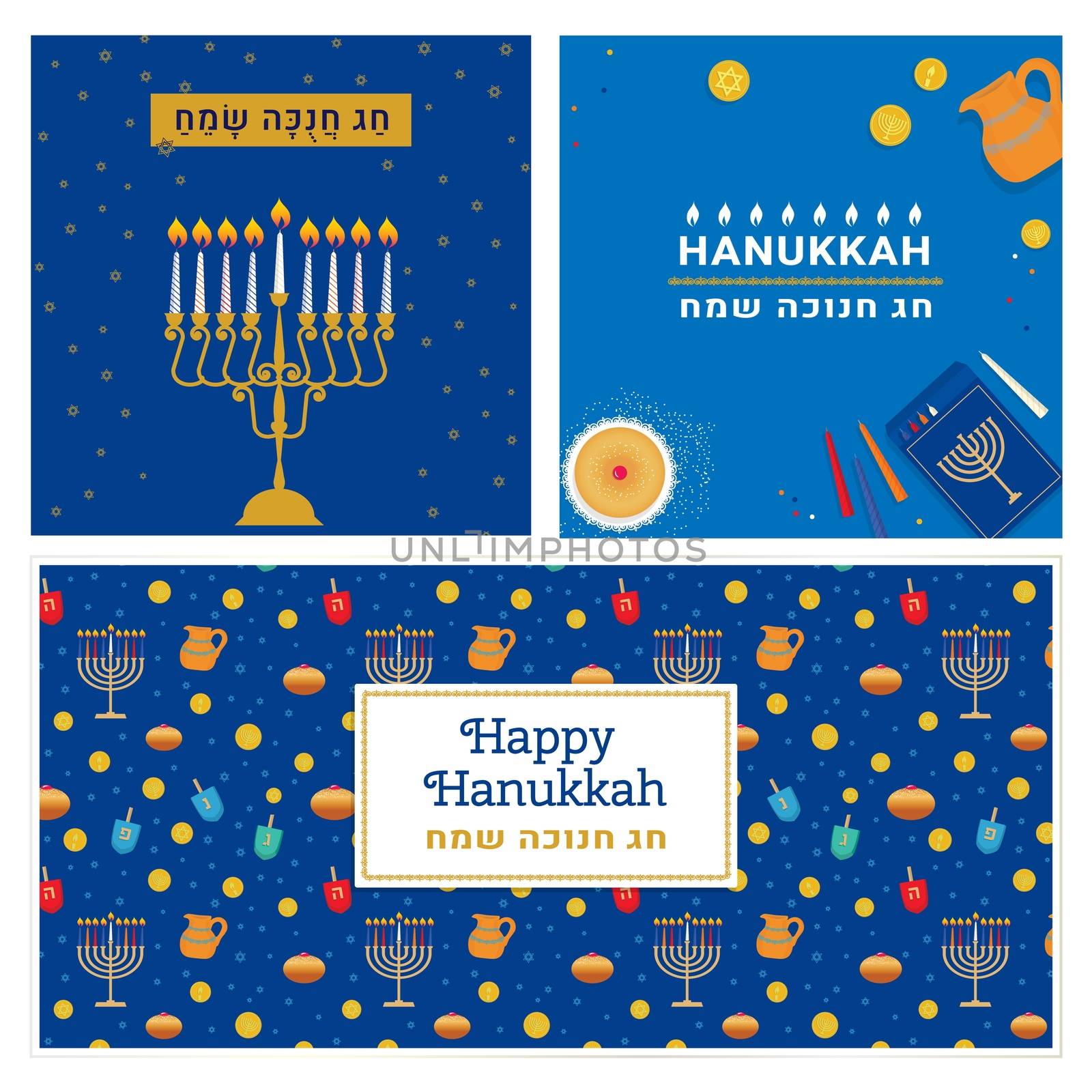 Happy Hanukkah, Jewish Festival of Lights Chanukkah holiday banners, greeting card set with donuts, candles, dreidel, oil jur, menorah, coins, star David pattern. Happy Hanukkah in Hebrew