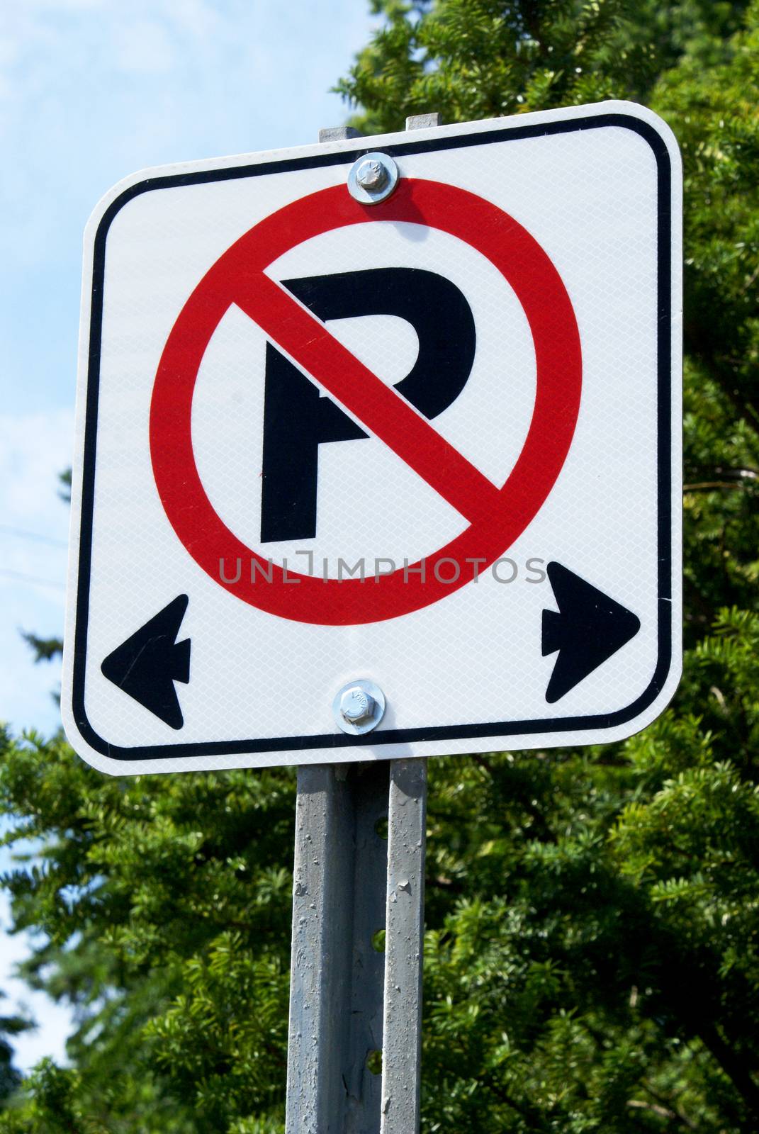 A vertical closeup image focused on a no parking sign used in Canadian traffic laws.