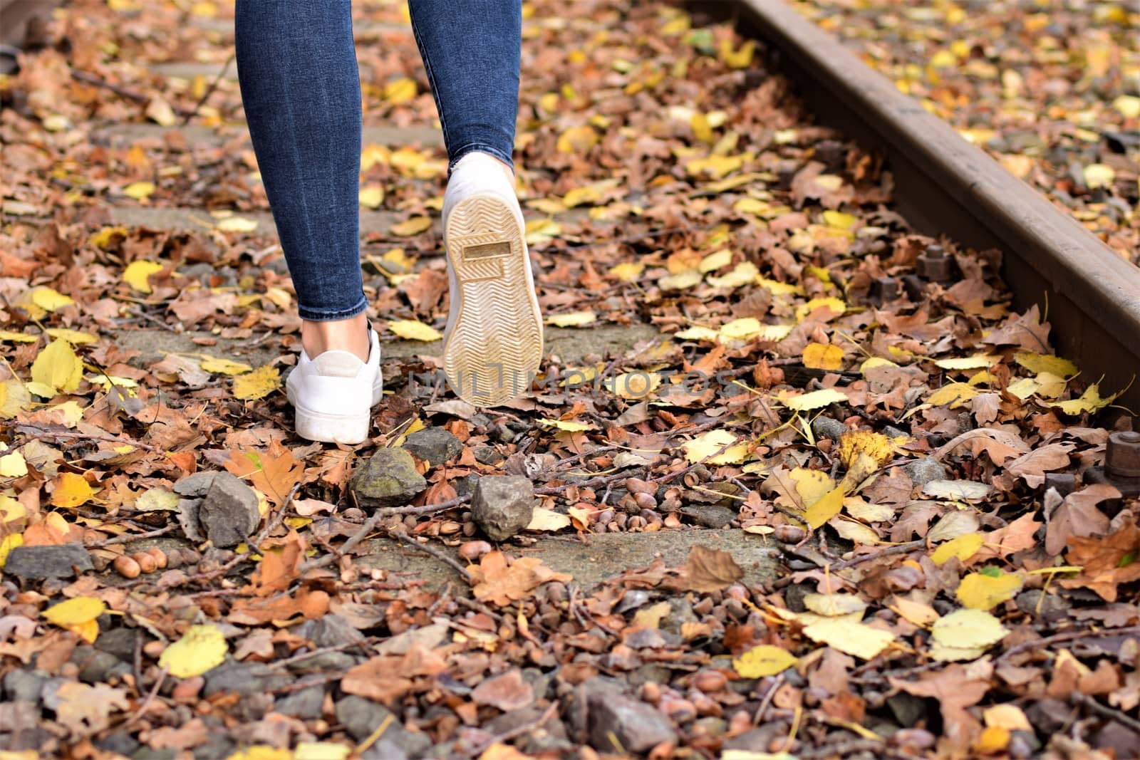 Walking legs wearing blue jeans and white shoes on autumn leaves and old railroad tracks
