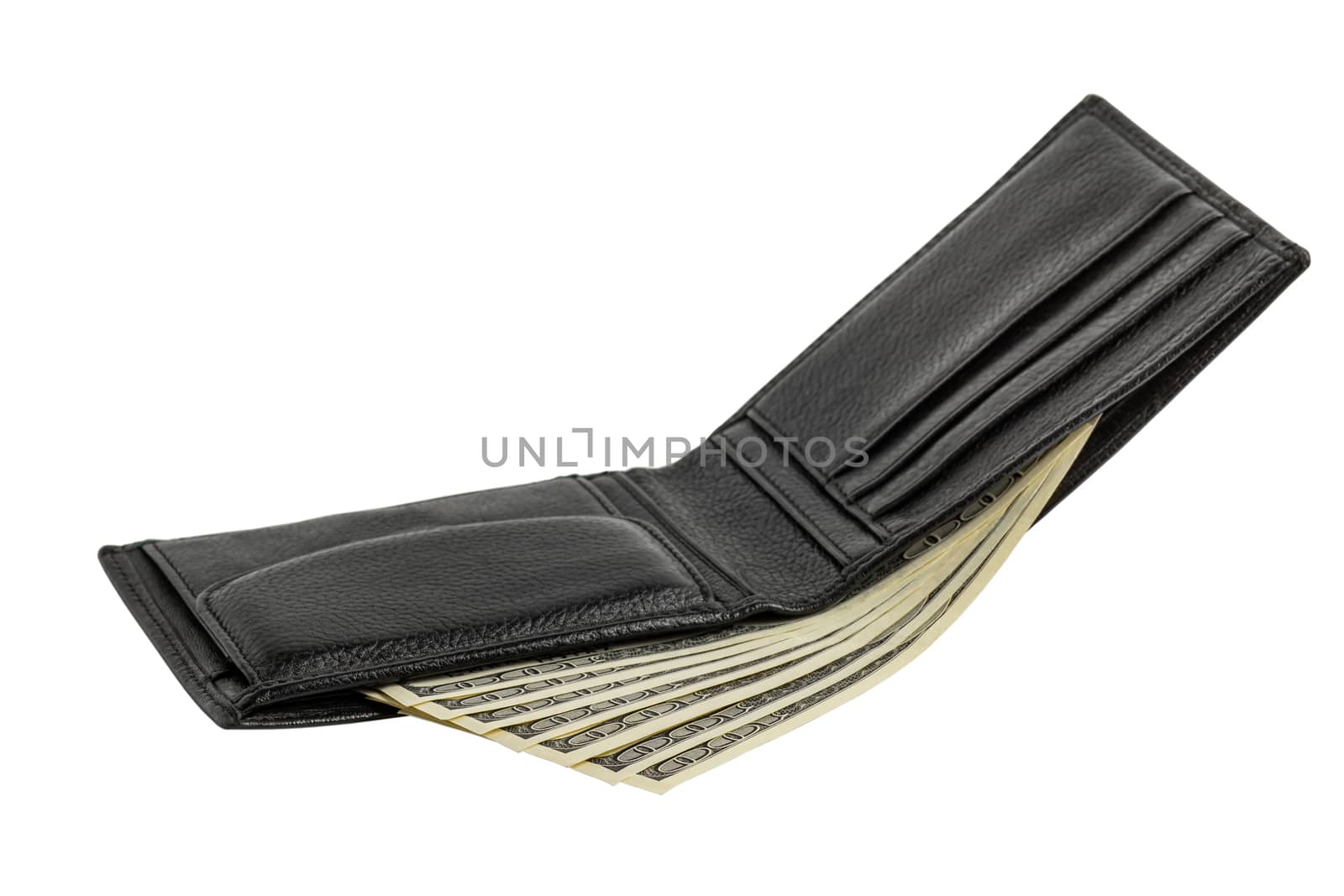 Black leather wallet with money isolated on white background. by Yurii73