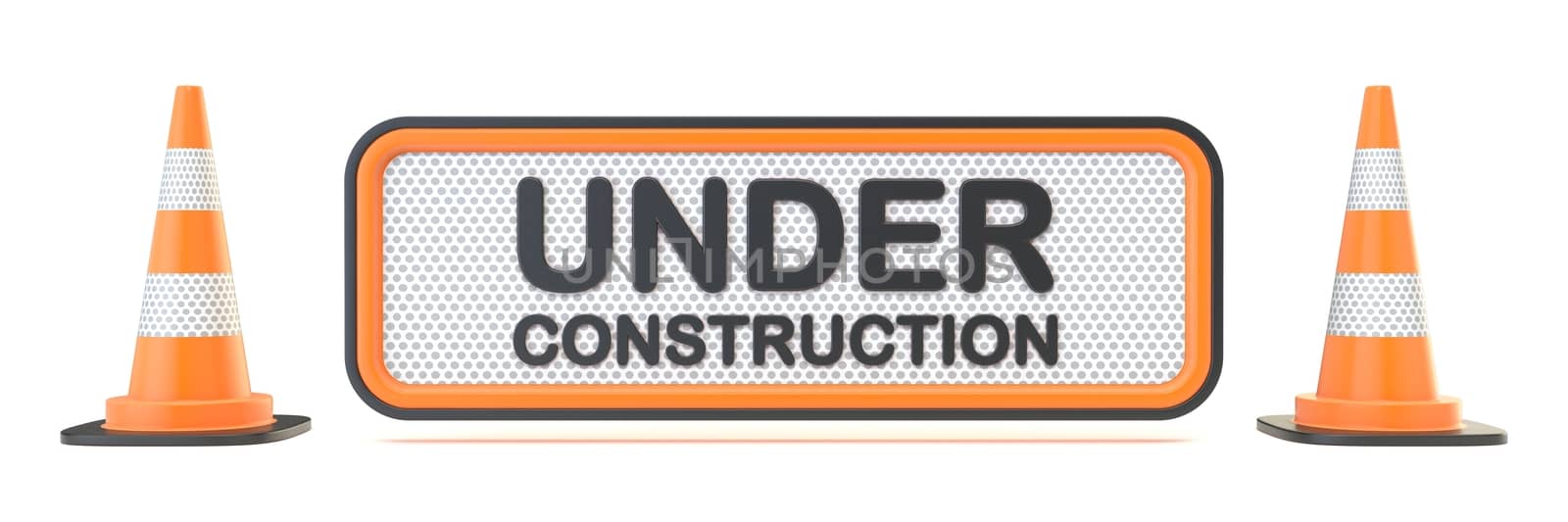 Under construction sign with two traffic cones 3D render illustration isolated on white background