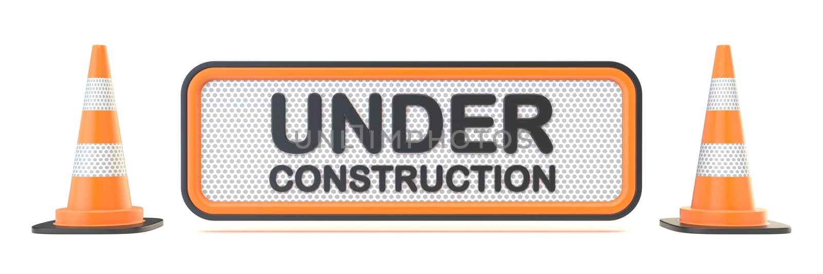 Under construction sign with two traffic cones 3D render illustration isolated on white background
