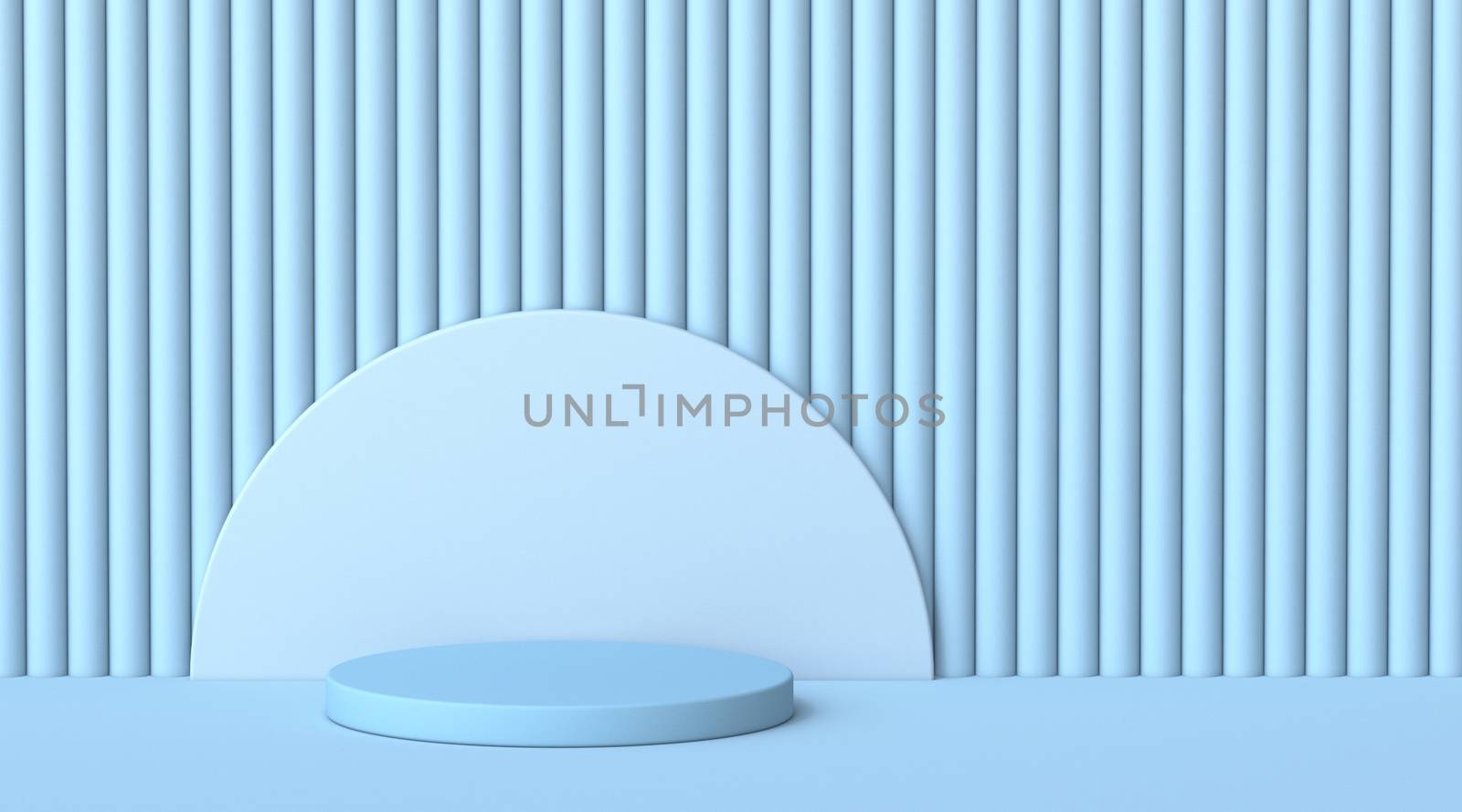 Mock up podium for product presentation cylinder 3D render illustration on blue striped background